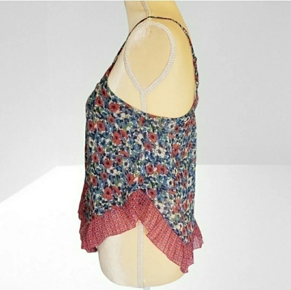 𝅺A&F Xs Floral Layered Tank Top Blouse Red Blue Hi-Lo Spaghetti Straps - Picture 2 of 6